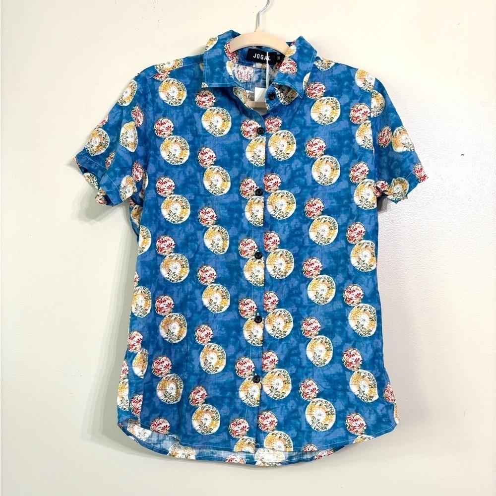 Jogal Hawaiian Floral Blue Shirt Button Up Cotton Blend Short Sleeve - Picture 2 of 6